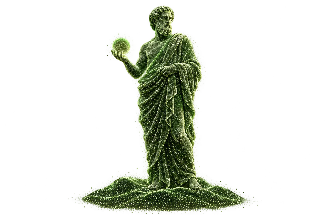 A Greek philosopher formed from green particles holds a sphere of light in an open hand.