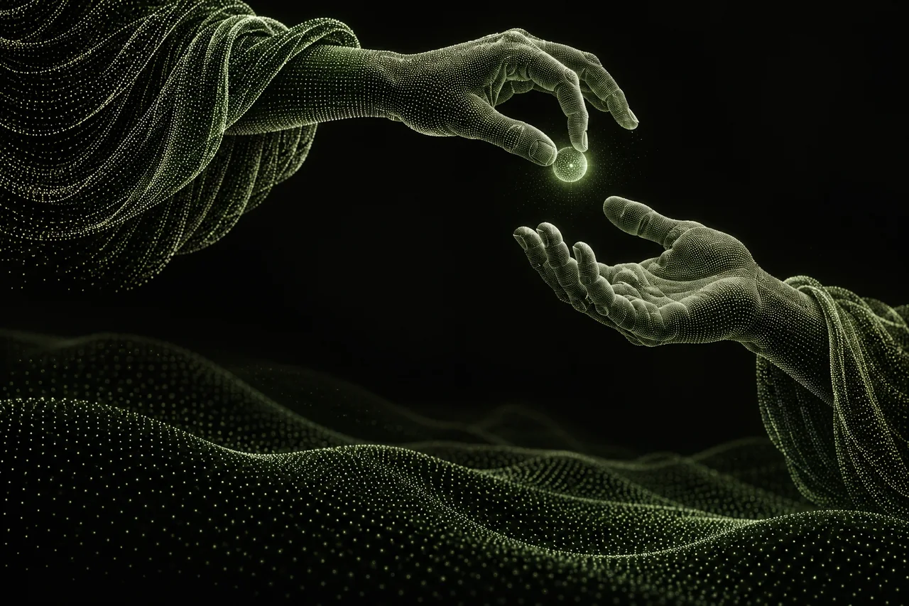A classical stone figure reaches toward another hand, rendered in green dots.